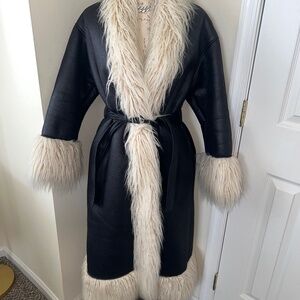 Boohoo Faux Leather Coat w/ Faux Fur Trim & Waist Tie Statement Winter Coat